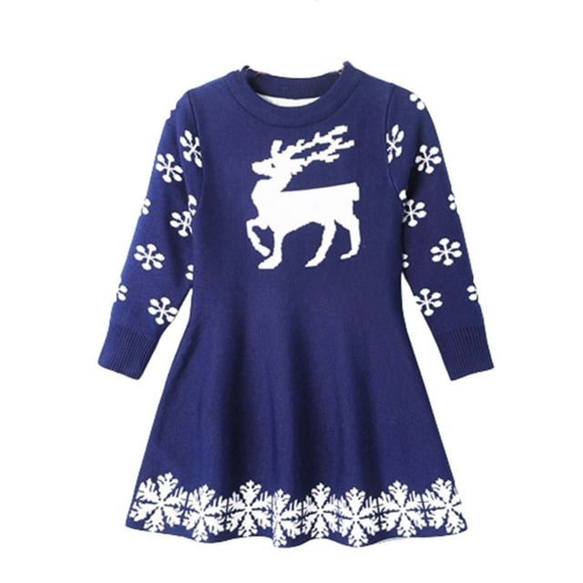 Vestido Para Niñas Ropa Para Bebés Ropa Para Niños Vestido Suéter Navideño Vestido Cervatillo Azul Odeerbi LM103-7688