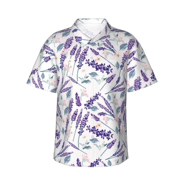 Fotbe Lavender Flowers Camisa Hawaiana para Hombre Unisex – Camisa Casual de Verano con Botones de Manga Corta de Algodón y Lino,Medium