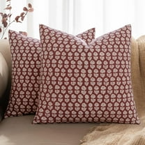 Block Print Pillow Covers 18x18 Inch Set of 2, Vintage Floral Throw Pillow Cases Neutral Linen Farmhouse Cushion Covers for Couch Sofa Bed Chair Living Room, Red
