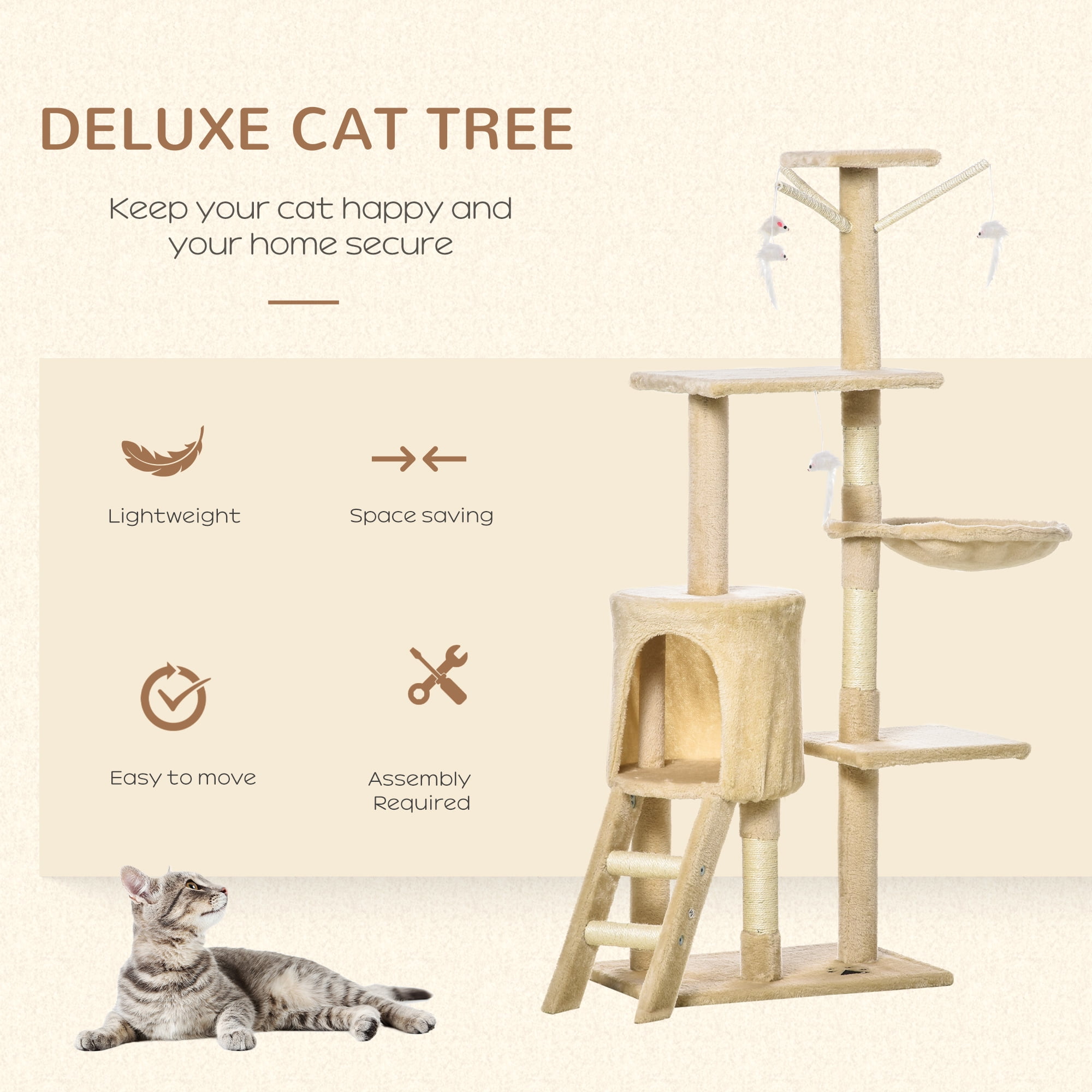 53" Interactive Cat Condo Tower Scratching Post Activity Tree House Plush Sturdy Cat Tree- Beige