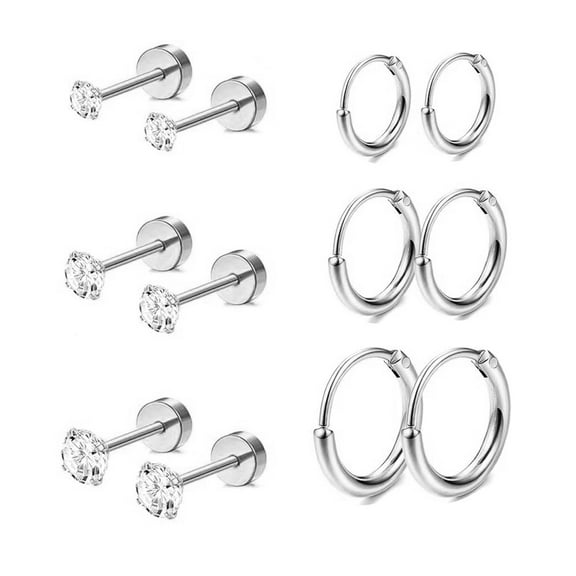 Nmkwnr 6 Pairs Earrings Set 316L Stainless Steel Hoop Earrings Cubic Zirconia Stud Earring Flat Back Stud Earrings for Women, Silver