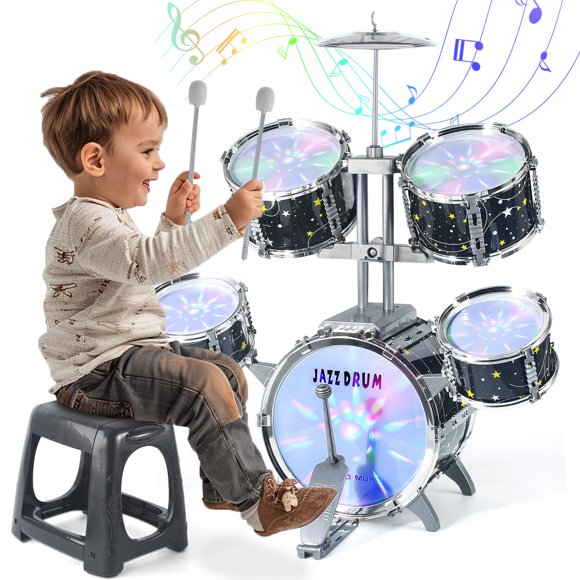 Ensemble de Batterie pour Tout-Petits 1-3 Ans, Ensemble de Batterie Jazz Amélioré pour Enfants, Jouets d'Instruments de Musique et Lumières et Tout Plastique, Trousse de Percussion pour Débutants Garçons Filles