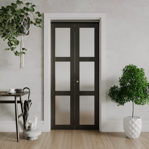 36" x 80" Black 3-Lite Frosted Glass Solid Manufactured Wood Prefinished Bi-Fold Doors With Installation Hardware Kit