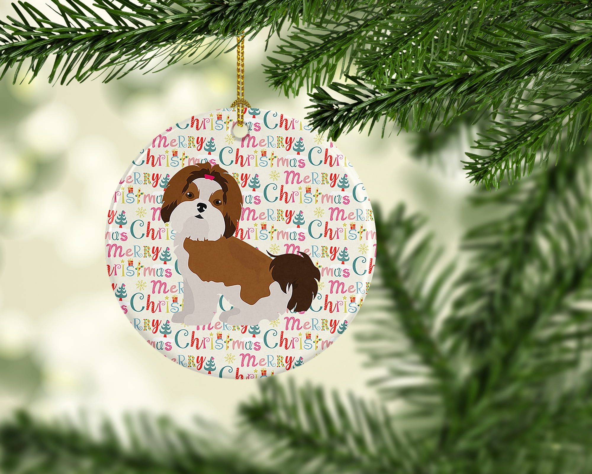 Imperial Shih Tzu Puppy Cut Merry Christmas Ceramic Ornament 2.8 in x 2.8 in