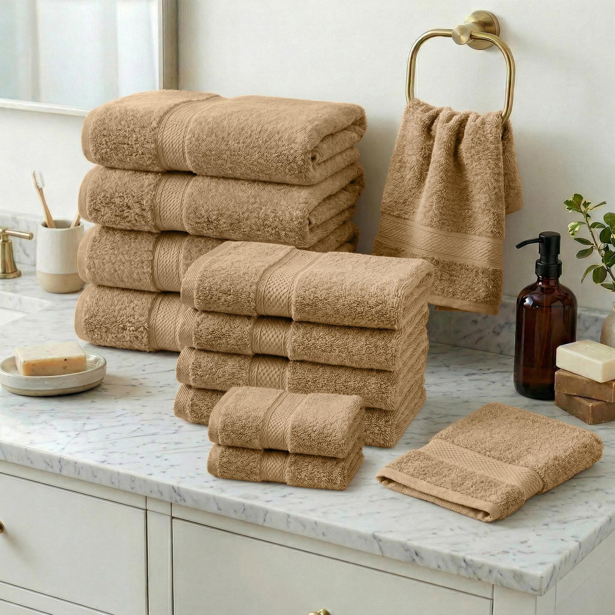 Superior Madeline Egyptian Cotton Ultra-Plush 12-Piece Towel Set, Toast