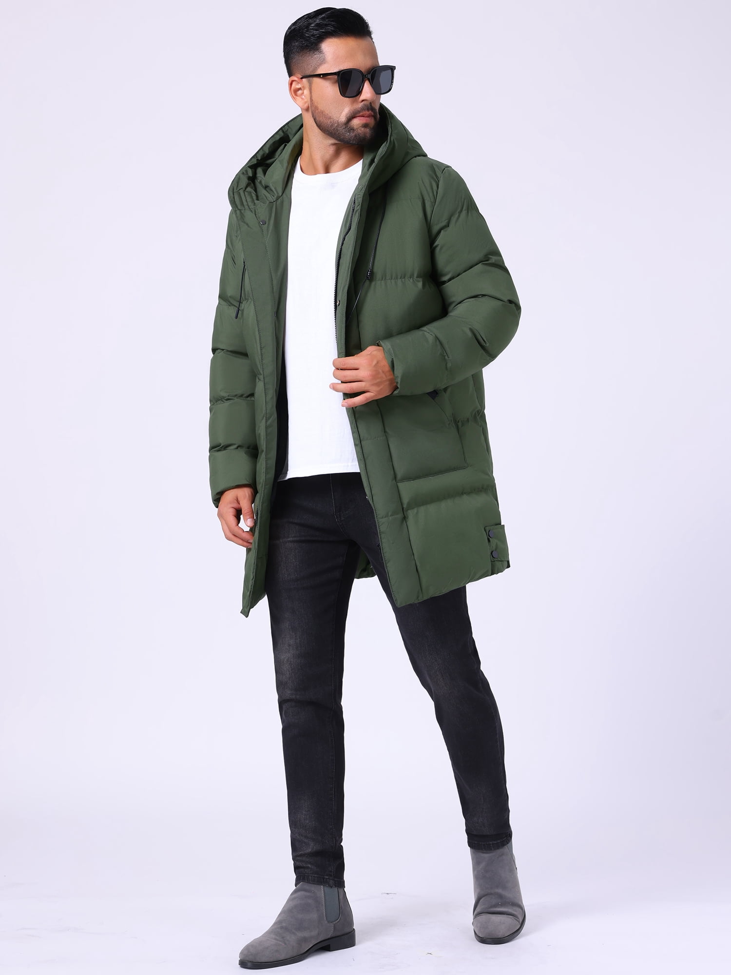 DARING DIVA Men's Mid-Length Outerwear Zipper Quilted Hooded Padded Coat M Dark Green