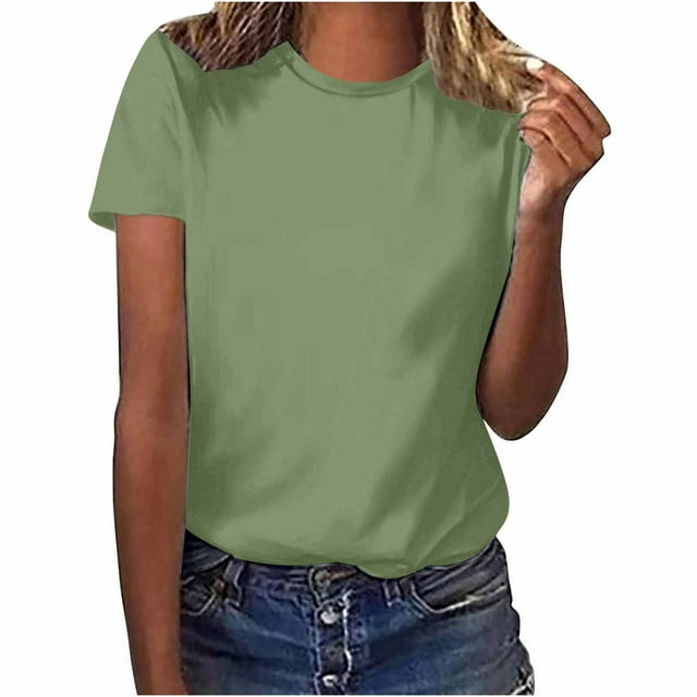 AherBiu Womens T Shirts Basic Solid Color Crewneck Short Sleeve Loose Fitting Comfy Summer Tees Shirts Tops