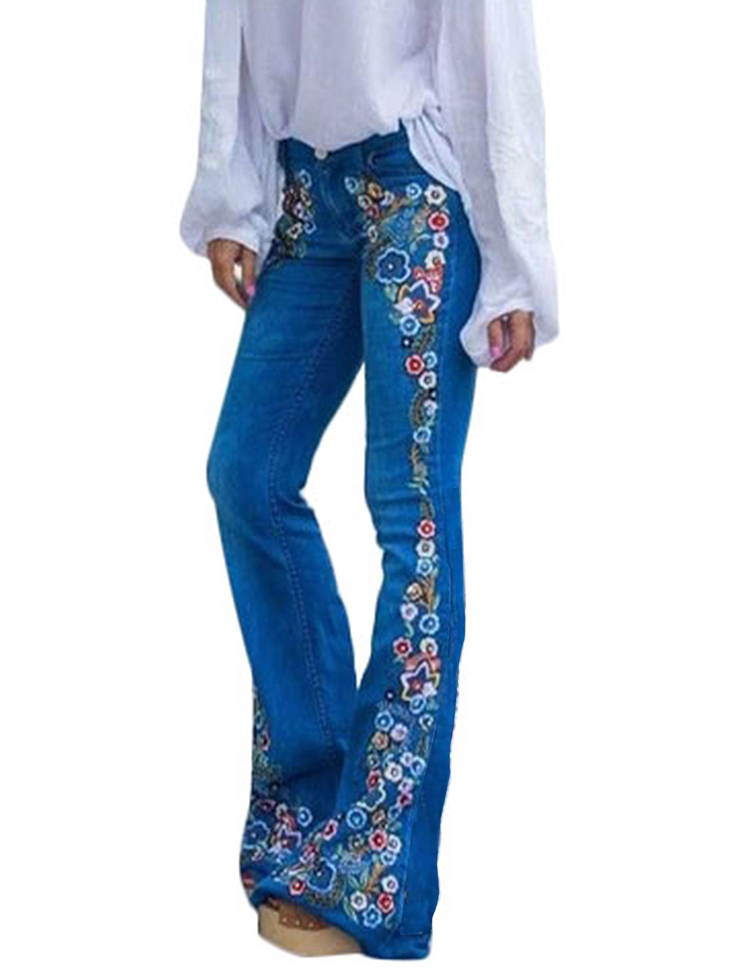 Fashion Denim Flare Pants Women Retro Embroidered Floral Jeans Wide Leg ...