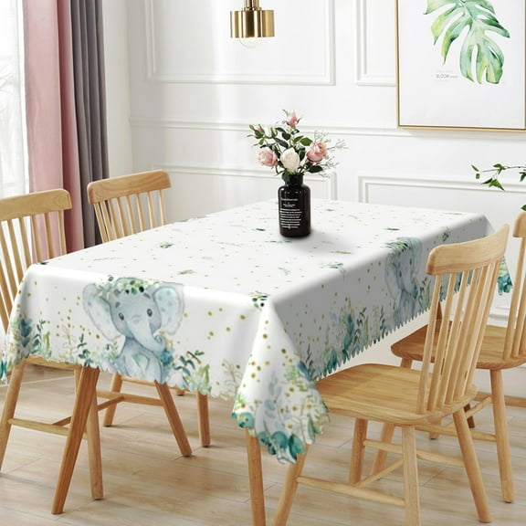 Nanqianyi White Waterproof Tablecloth 54" x 72", Green Plants Leaf Elephant Pattern for Birthday Party Table Decor