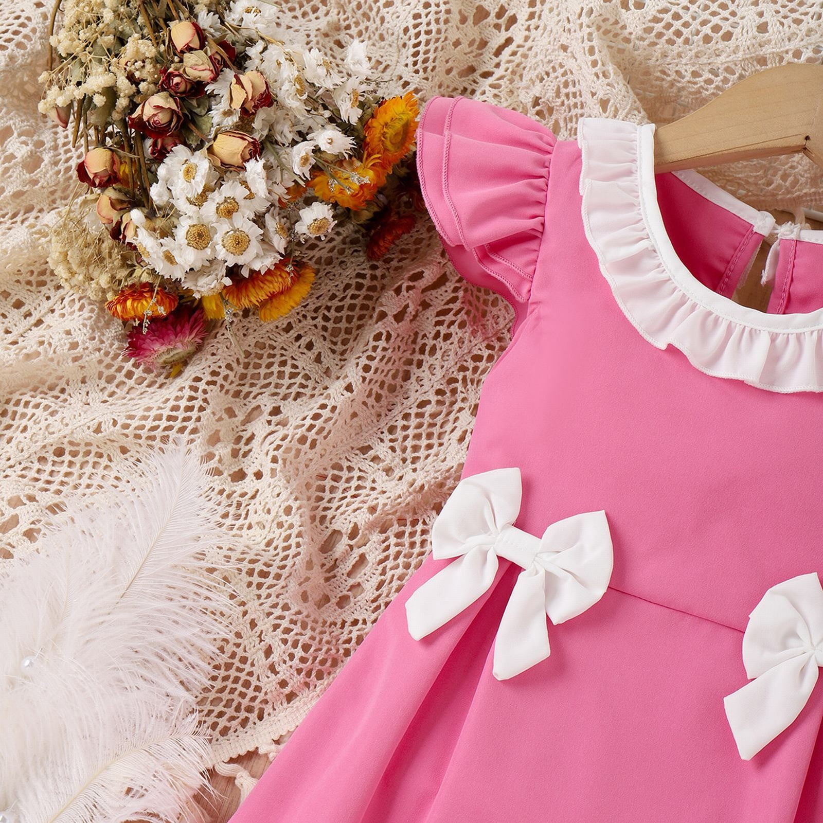 Big Kid Girl Dress Size 5 Girls Summer Girls Dress Children s Ruffled Color Matching Flying Sleeves Bowknot A Line Dress Hat Girls Clothes Hot Pink 5 6Years Walmart