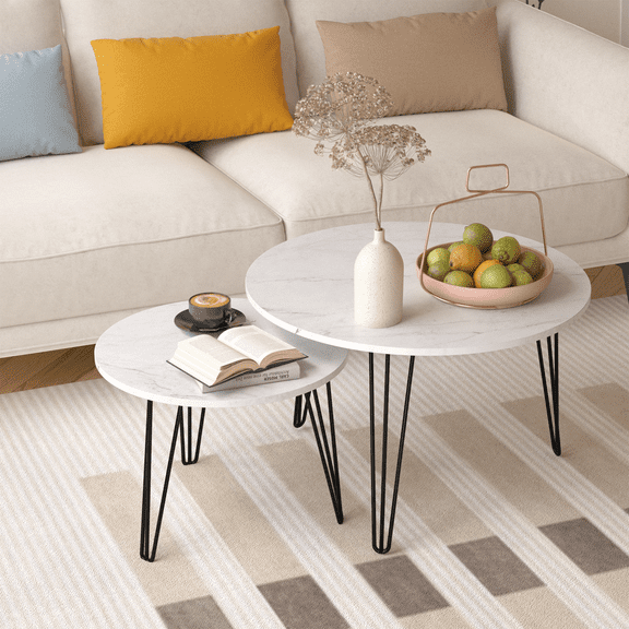 27.56" Round Nesting Coffee Tables, 2-Piece Set | Marble Look, Sturdy Metal Base | White