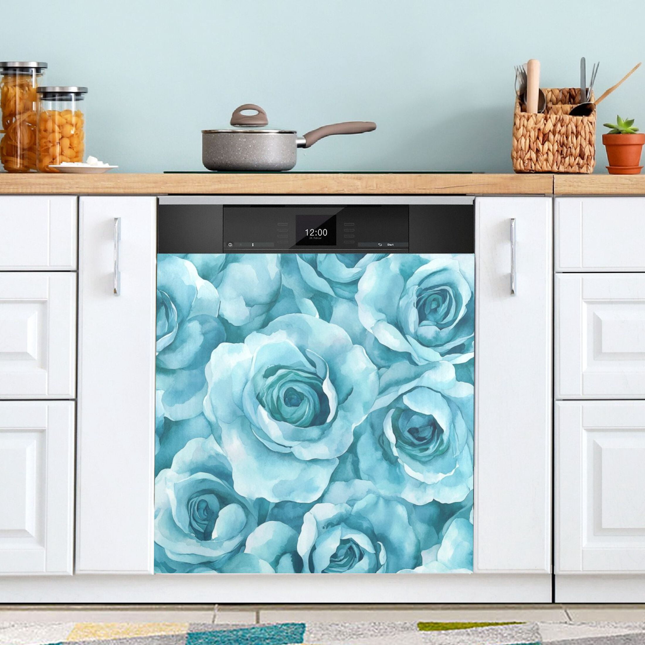 Dishwasher Magnetic Sticker 23x26 Inch Refrigerator Magnetic Sticker Washing Machine Magnetic Sticker Kitchen Panel Magnetic Sticker Home Decor Turquoise Roses Seamless