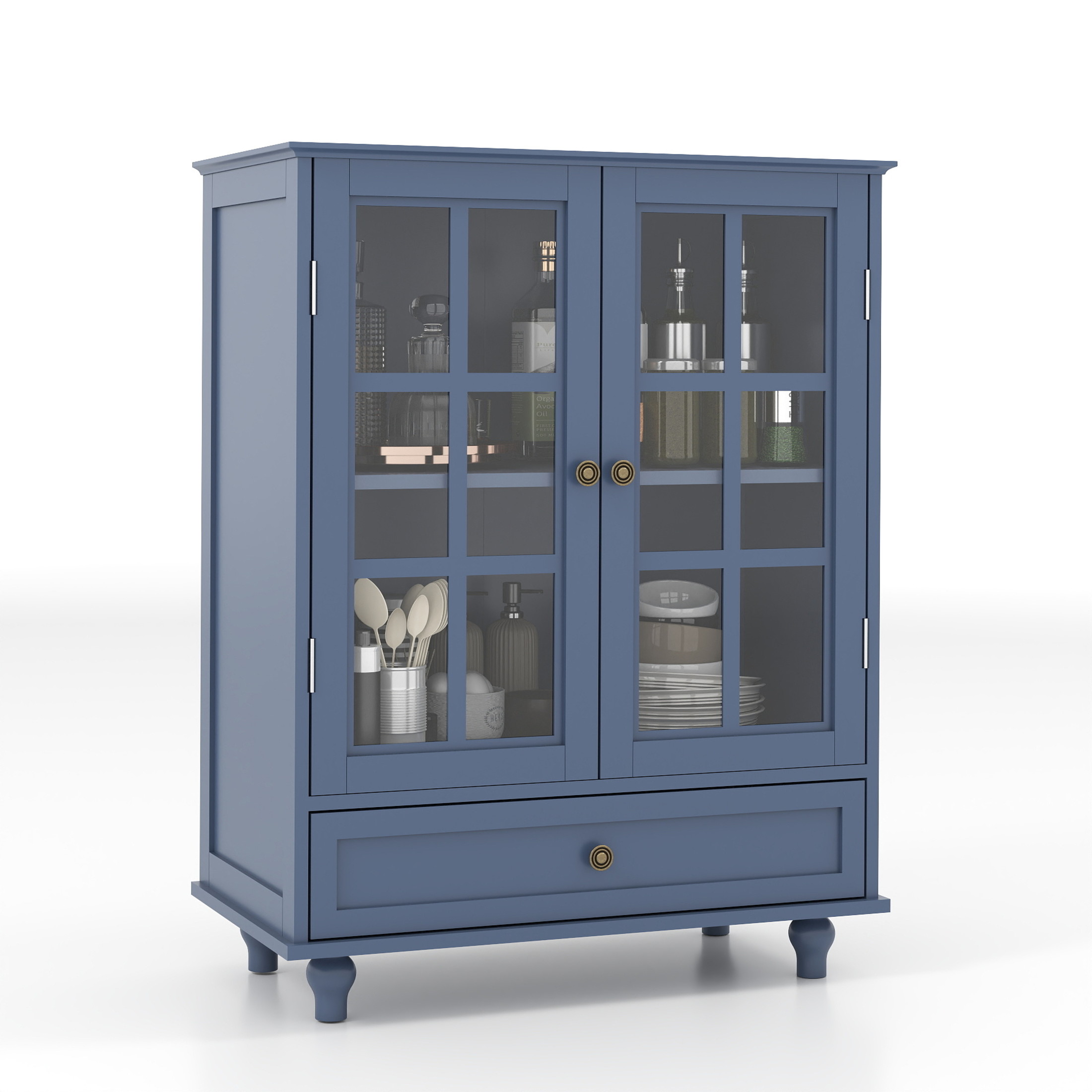 Noble House Minimalist Buffet Cabinet with Glass Doors and Drawer, Sideboard Cupboard for Dining Room, Vintage Blue