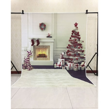 Image of HelloDecor 5x7ft Christmas Photography Backdrops Cute Zebra Christmas Tree Background White Fireplace for Children Photo Studio
