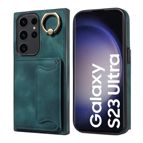 Case for Samsung Galaxy S23 Ultra, PU Leather 3 Card Slots with Finger Ring Holder Shockproof Phone Case