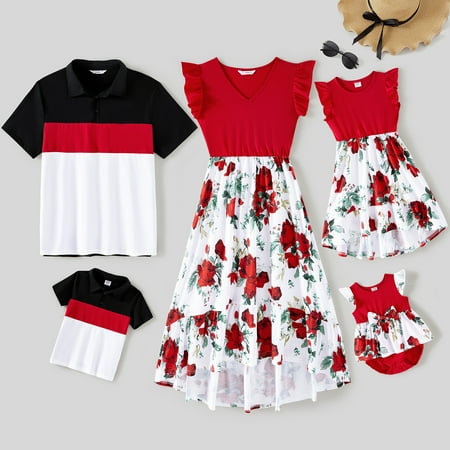 

PatPat Easter Family Matching Solid Spliced Floral High Low Hem Dresses and Short-sleeve Colorblock Polo Shirts