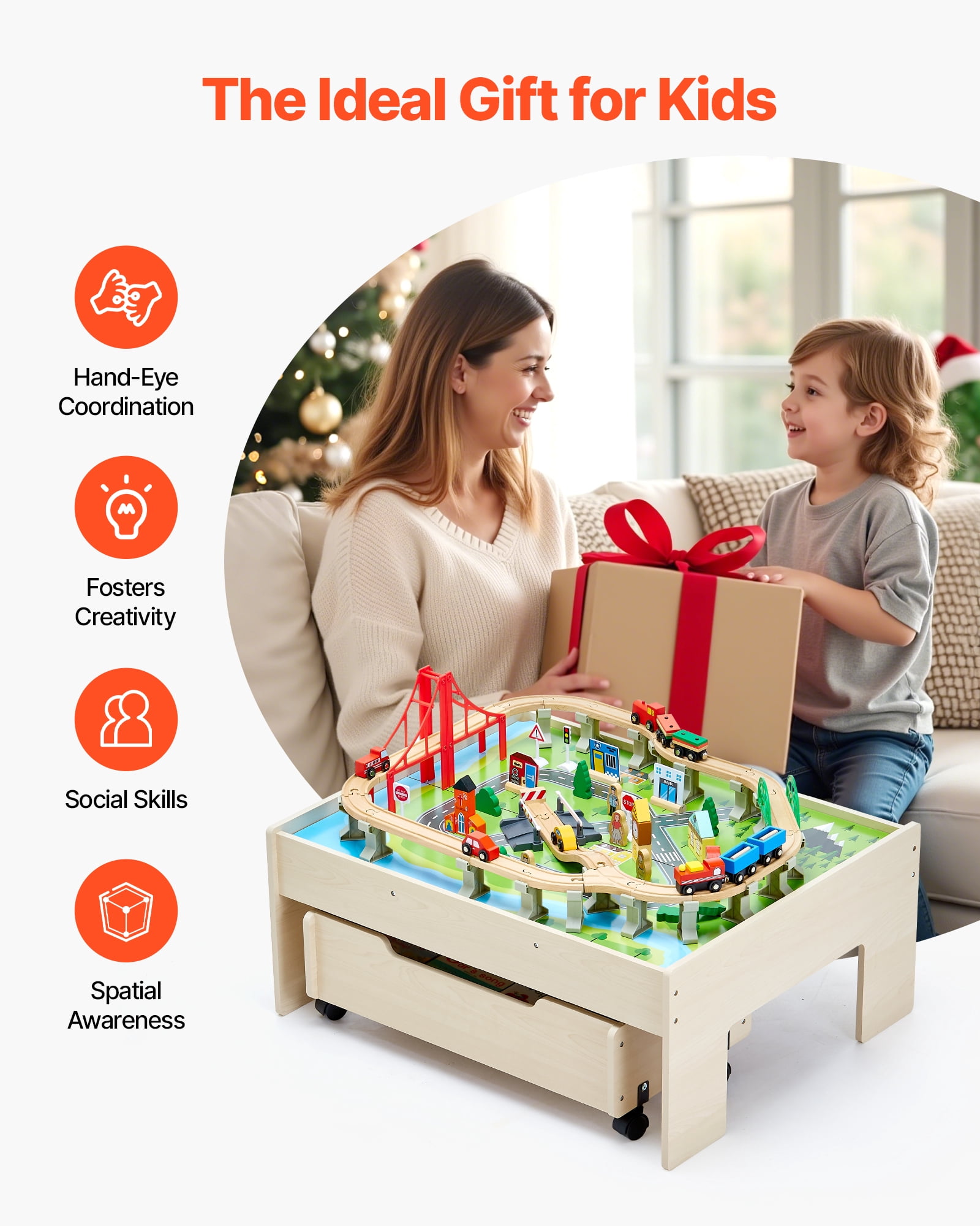 VEVOR Train Table, 100 Multicolor Pieces Wooden Kids Activity Table with Rolling Storage Drawer, 3-in-1 Wooden Train Set for Gaming, Drawing, Reading, Eating, Creative Toy Set for Kids Ages 3+