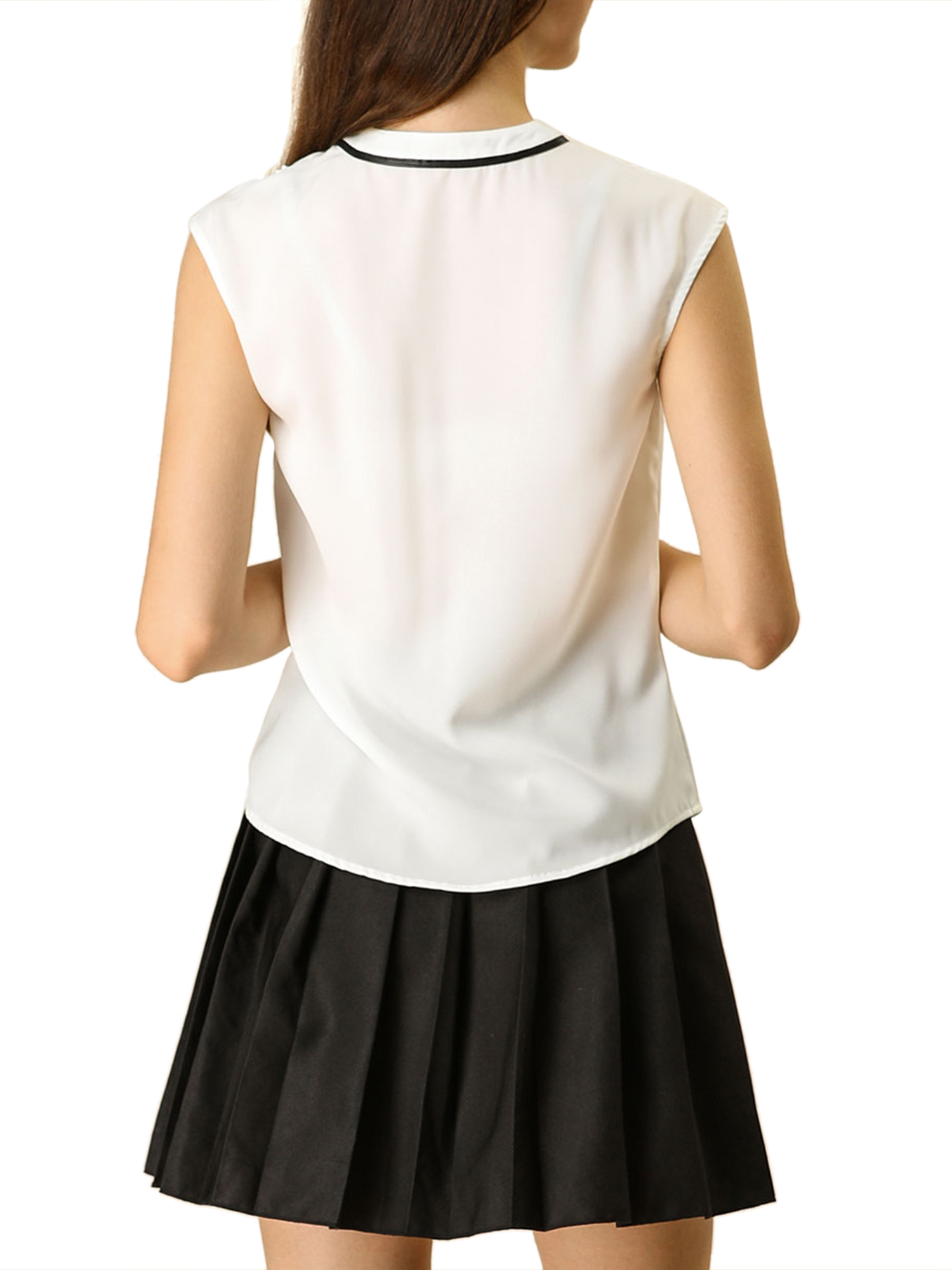 Unique Bargains Women's Summer Tie Neck Sleeveless Ruffle Chiffon Shirt M White