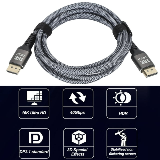 DisplayPort 2.1 Cable, DisplayPort 2.1 Male Cable 16K 30Hz 3D Visual Effects 40Gbps for Displays