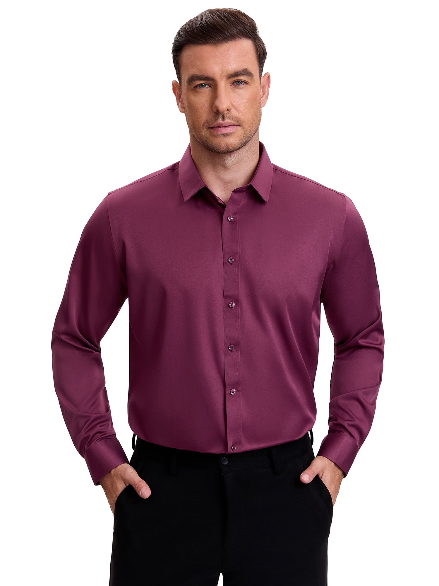DARING DIVA Men's Point Collar Long Sleeve Button Down Formal Shirts M Burgundy