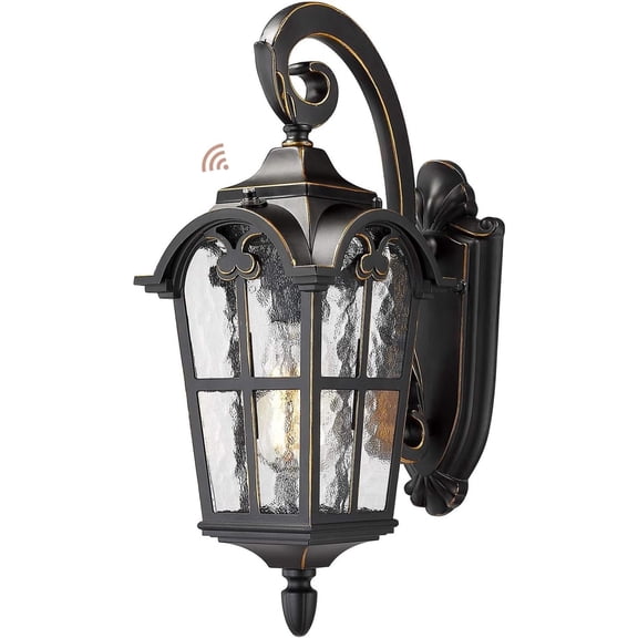 Emliviar 17.5" Dusk to Dawn Sensor Outdoor Wall Light, Black Finish with Water Glass Shade, WE215B-PC BG