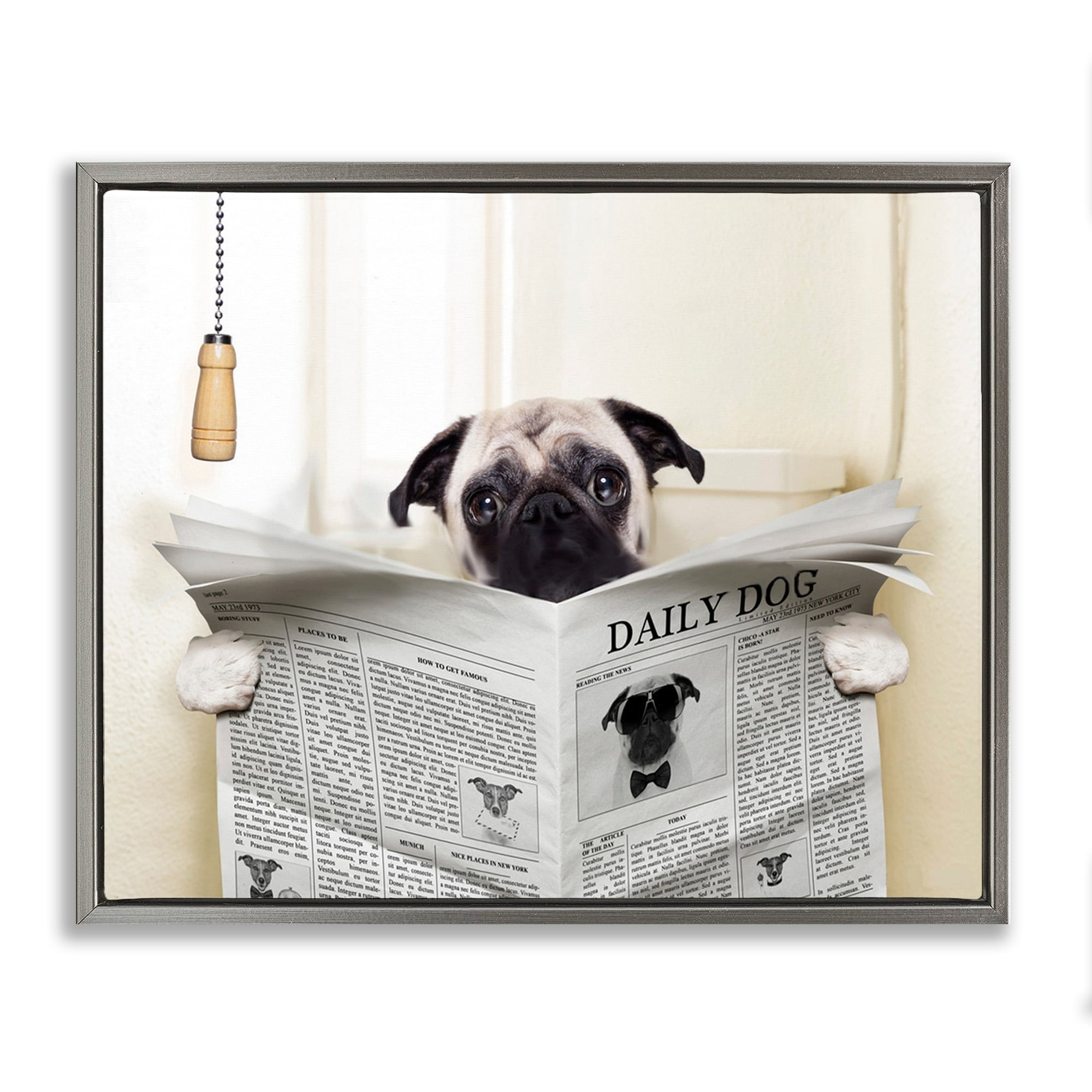 Stupell Industries Pug Reading Newspaper in Bathroom Luster Gray Framed Floating Canvas Wall Art, 24x30, by In House