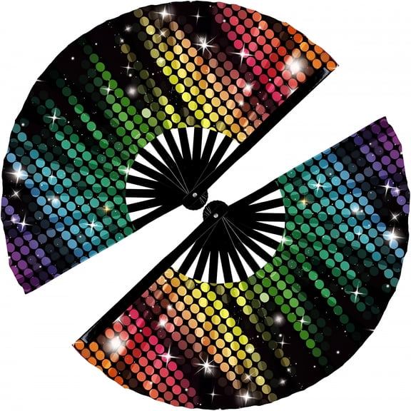 XIBUFE 2 Pcs Large Clap Fans for Line Dancing 13 Inches Folding Hand Rave Fan Nylon Cloth Foldable for Line Dancing Festival Craft Dance Decoration for Party Favors(Multi Color,Flash Pattern)