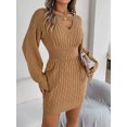 thumbnail image 5 of Women's Pullover Sweater Dress Solid Hollow Neck Long Lantern Sleeve Dresses Crew Neck Cute Cable Knit Bodycon Mini Short Dresses, 5 of 5