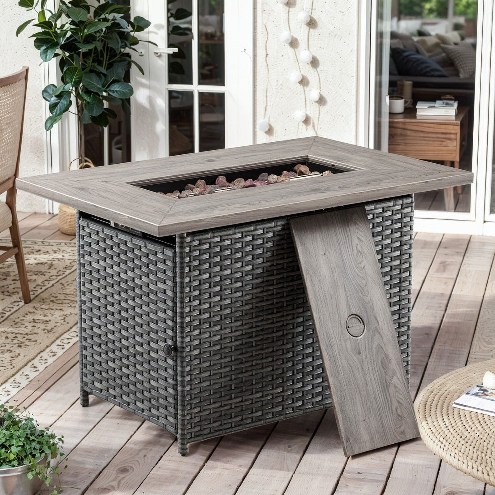 PARKWELL Outdoor Fire Pit 41" 50000 BTU Patio Propane Gas Fire Pit Table with Lava Rocks and Lid,Gray Wicker Firepit Faux Wood Tabletop
