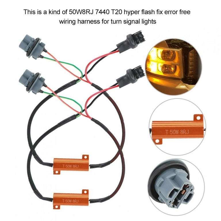 Gupbes Load Resistor Wiring Harness,2Pcs 7440 T20 50W8RJ Resistor Wire  Hyper Flash Wiring Adapters For LED Turn Signal Lights 