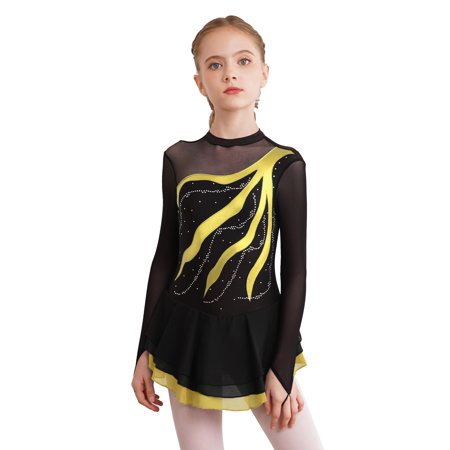 vastwit Kids Girls Long Sleeve Figure Ice Skating Dress Ballet Dance Tutu Dress Gymnastics Leotards Yellow 10