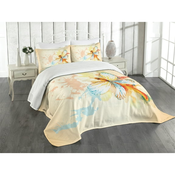 Ambesonne Watercolor Quilted Bedspread Set 3 Pcs, Splash Look Abstract Art, Queen Size, Pale Yellow and Orange