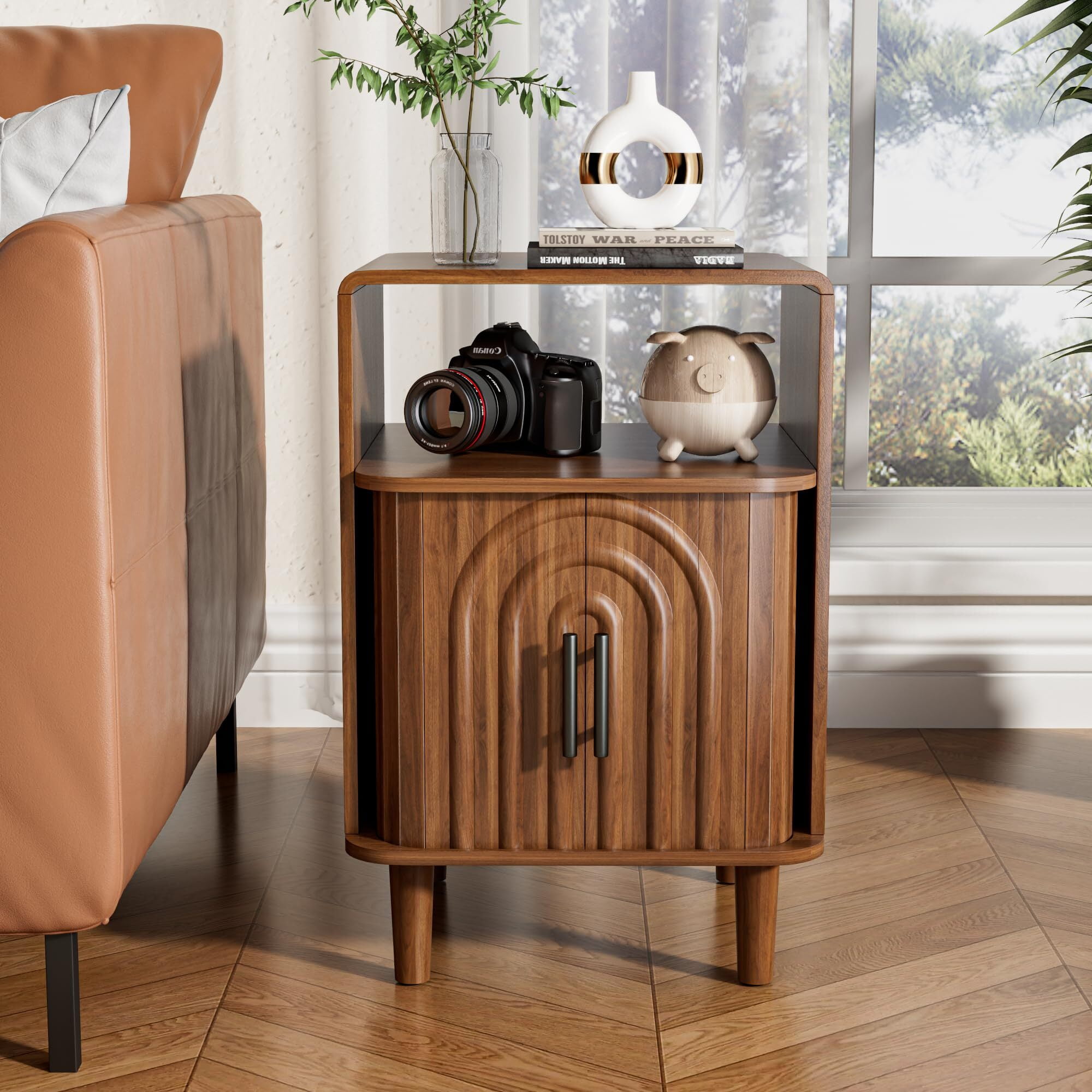 Mid Century Nightstand Set of 2, Fluted Bedside Tables with Storage, Small Vintage End Tables for Bedroom, Walnut