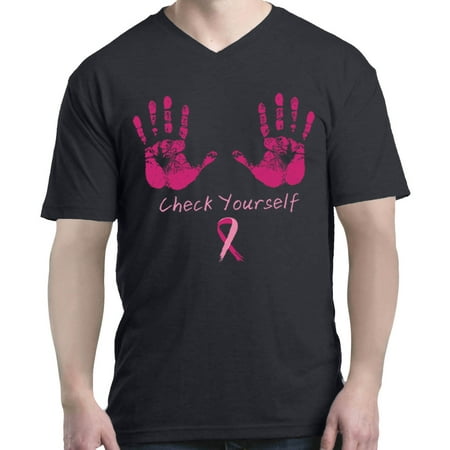 Shop4Ever Men's Check Yourself Breast Cancer Awareness V-Neck T-Shirt (Best Way To Crack Your Neck)