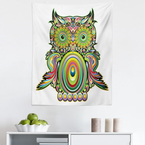Colorful Tapestry, Ornate Colorful Owl Elements Eye Feather of Universe Psychedelic Art, Fabric Wall Hanging Decor for Bedroom Living Room Dorm, 5 Sizes, Multicolor, by Ambesonne