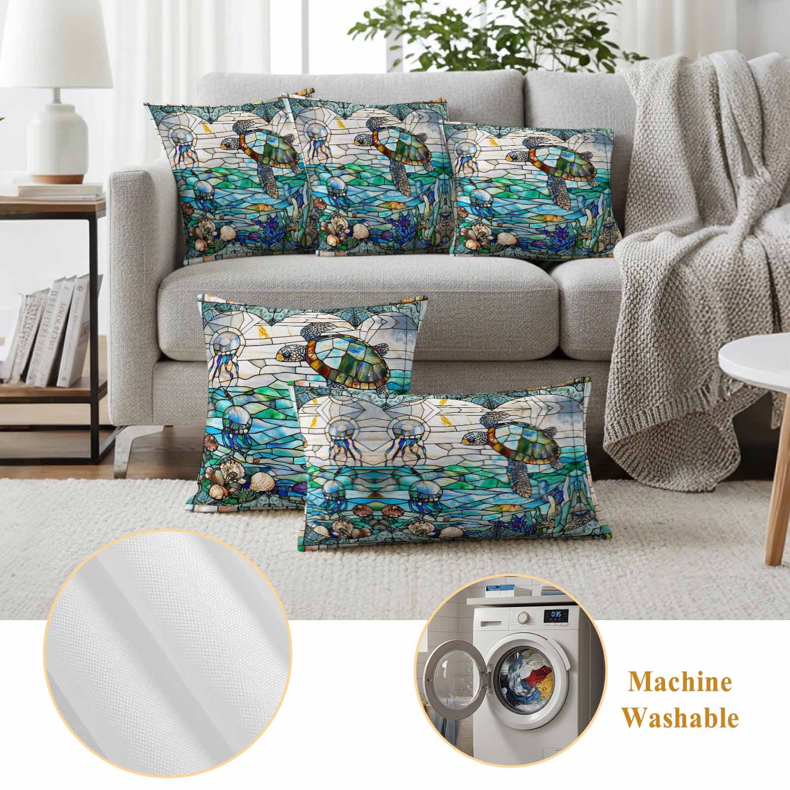 Stained Glass Sea Turtle Outdoor Waterproof Pillow Covers, Summer Coastal Ocean Jellyfish Decorative Rectangle Throw Pillowcase Sofa Cushion Sham for Patio/Couch/Chair, 20"x12" 2 Pack