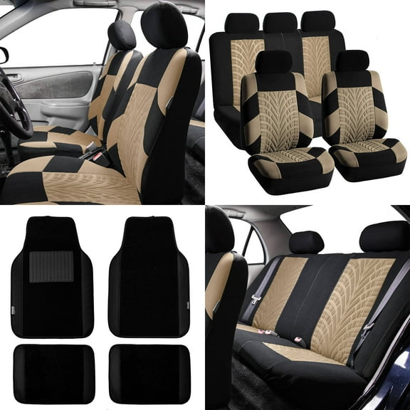 FH Group Beige Universal Auto Seat Covers Full Set for SUV Car w/ Front & Rear Floor Mats