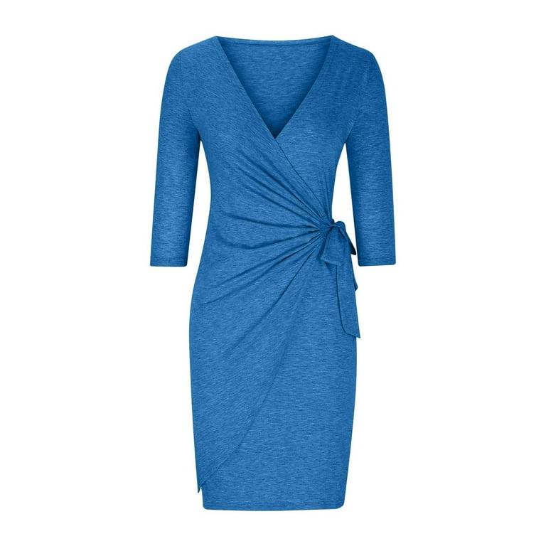 RYRJJ Women's Elegant Wedding Guest Dresses V Neck 3/4 Sleeve Faux Wrap  Ruched Bodycon Sheath Cocktail Party Work Dress(Blue S) - Walmart.com