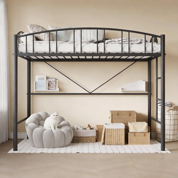 TEQIN Heavy Duty Metal Loft Bed,Loft Bed Frame With Arched Guardrail And Safety Ladder, Space-Saving, No Box Spring Needed, Noise Free Metal Bed Frame