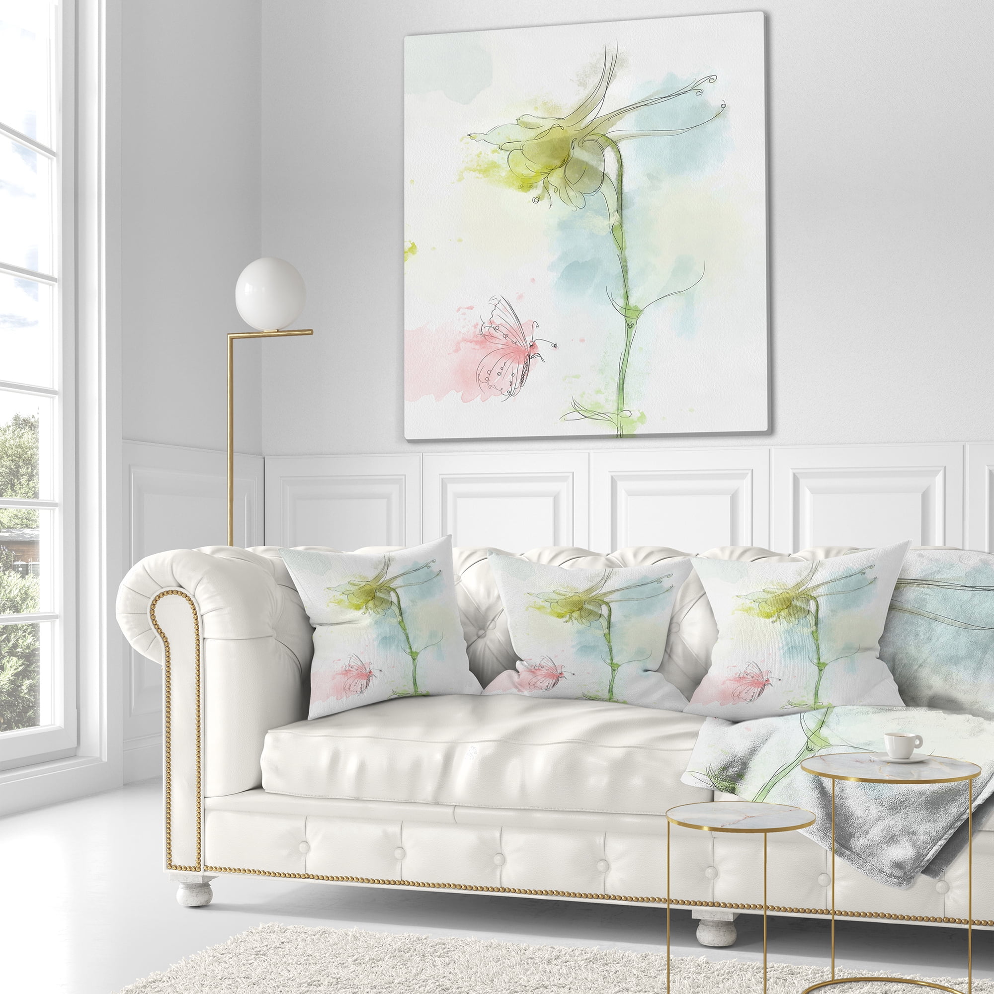 Designart Bellflower Sketch and Butterfly - Floral Throw Pillow - 16x16