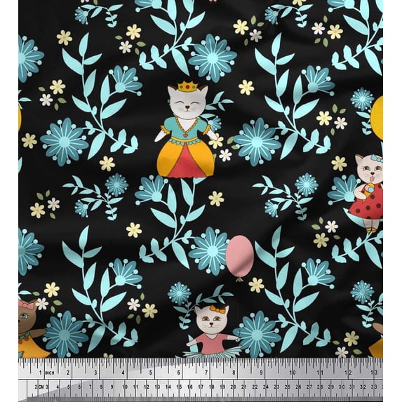 Soimoi Poly Georgette Fabric Leaves,Floral & Princess Cat Cartoon Print Fabric by The Yard 42 Inch Wide