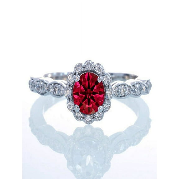 1.5 Carat Round Cut Ruby and Diamond Flower Vintage Designer Engagement Ring on 10k White Gold