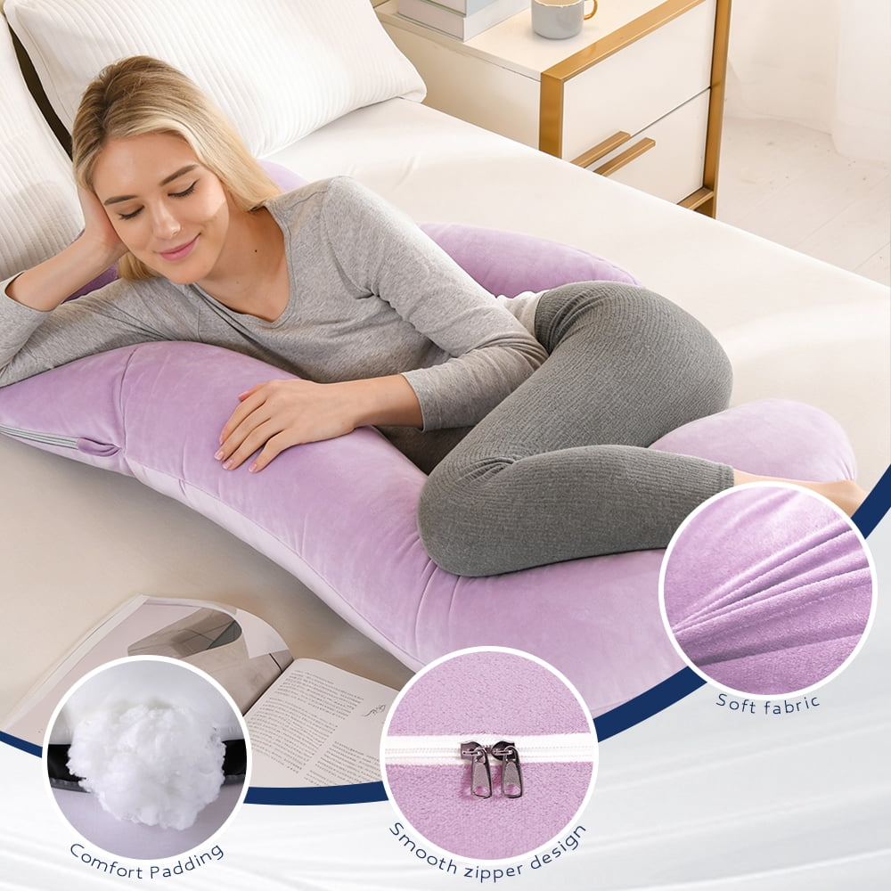 41-inch J-Shaped Pregnancy Pillow, Full Body Maternity Pillow for Side Sleepers, Soft Velvet Removable Washable Cover, Back Hip Leg Support,Purple