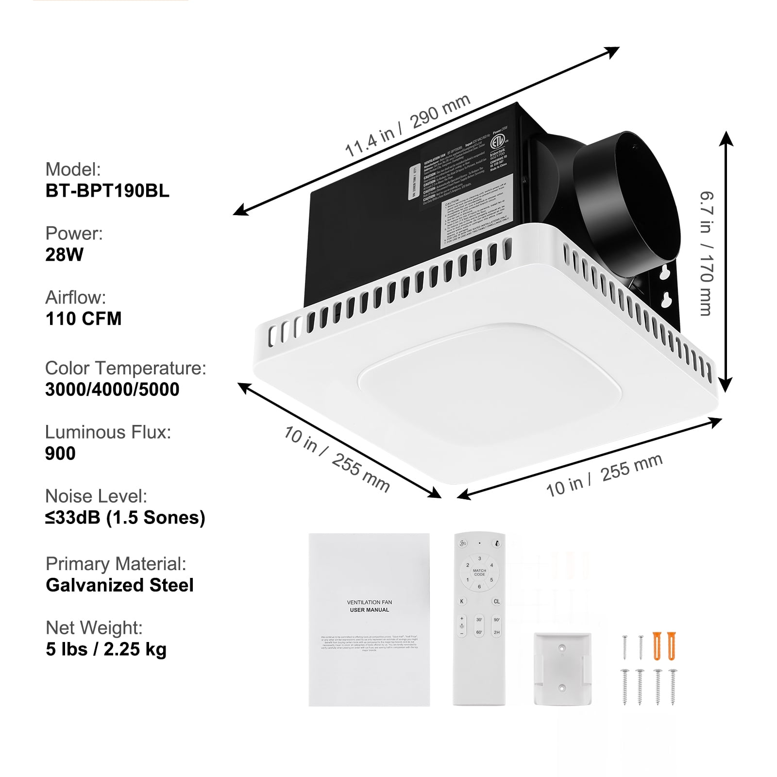 SKYSHALO 110 CFM Galvanized Steel Bathroom Exhaust Fan