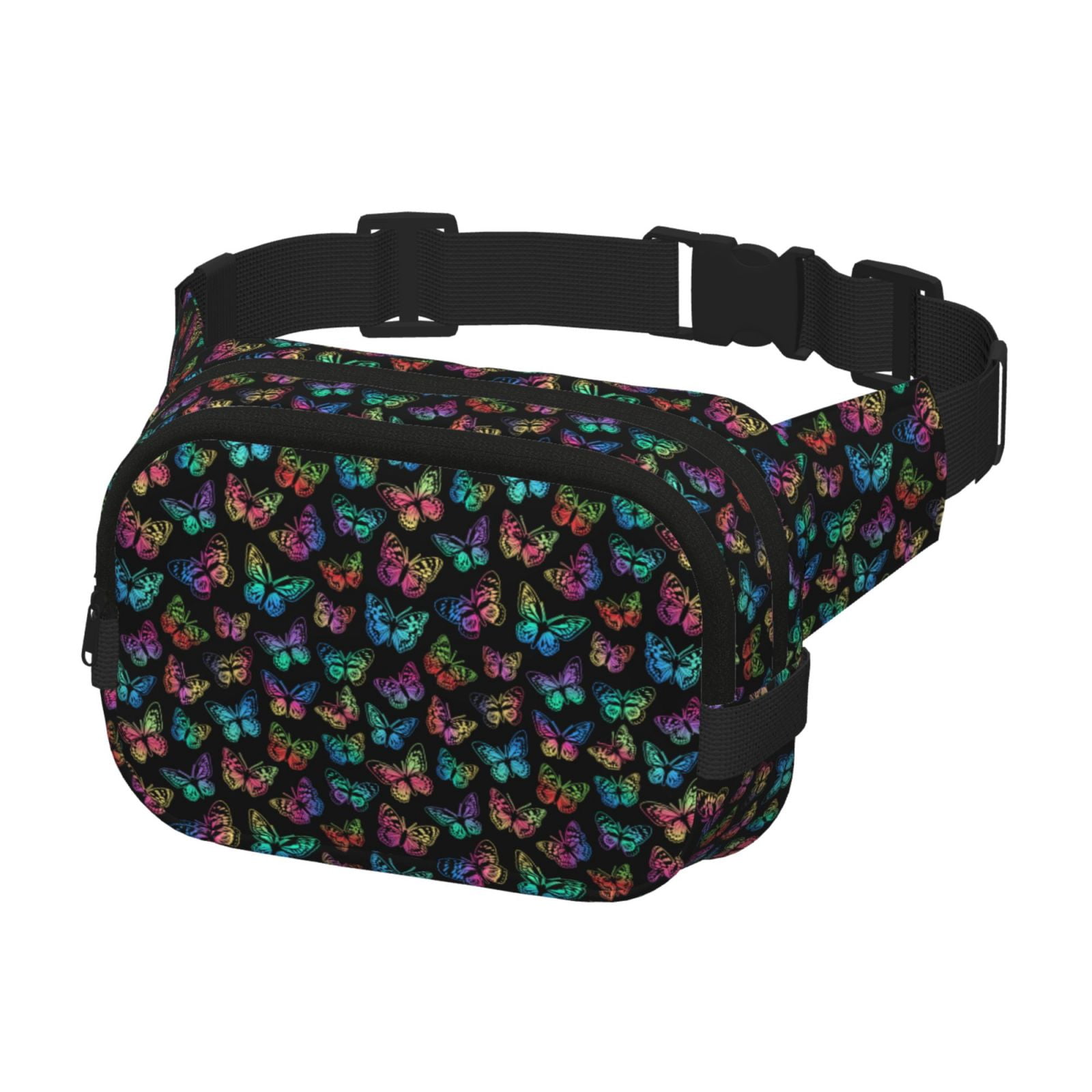 Picia Multicolored Butterflies Print Square Double-Layer Waist Bag Mini Adjustable Waist Belt Bag Exercise Running Travel Hiking