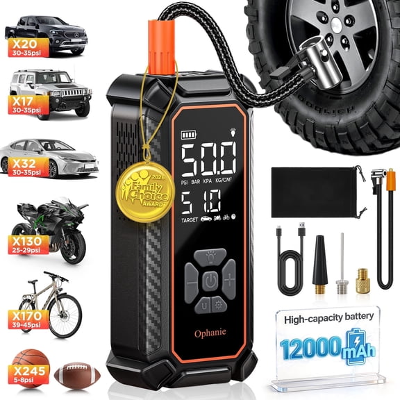 Ophanie Cordless Tire Inflator Portable Air Compressor, 12000mAh Battery, Air Pump for Car Tires with Automatic Shutoff, Electric Pump with Digital Pressure Gauge