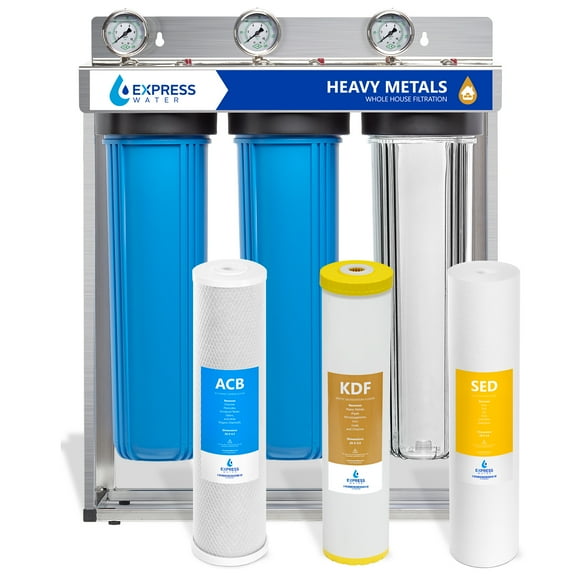 Express Water Heavy Metal Whole House Water Filter – 3 Stage Home Water Filtration System – Sediment, KDF, Carbon Filters – includes Pressure Gauges, Easy Release, and 1” Inch Connections