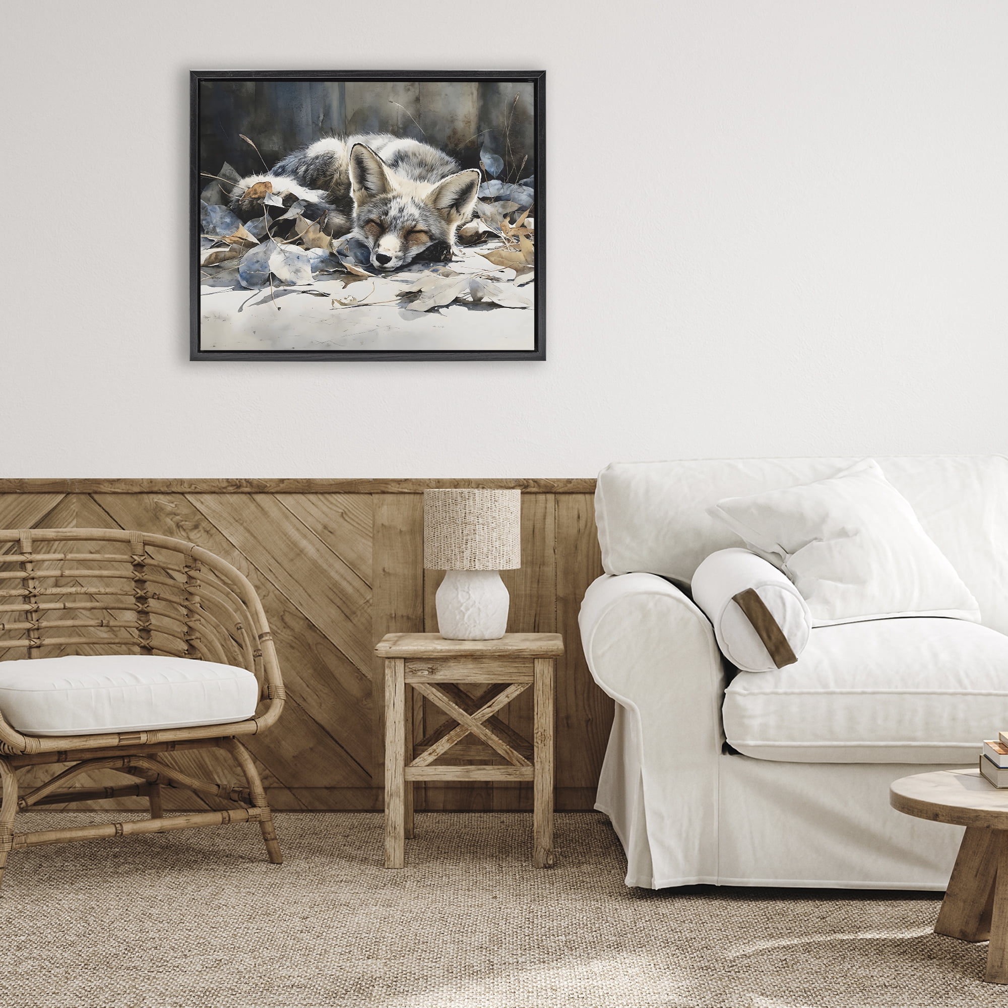 Stupell Industries Blue Fox Resting Among Leaves Black Framed Floater Canvas Wall Art, design by Franklyn Gregory
