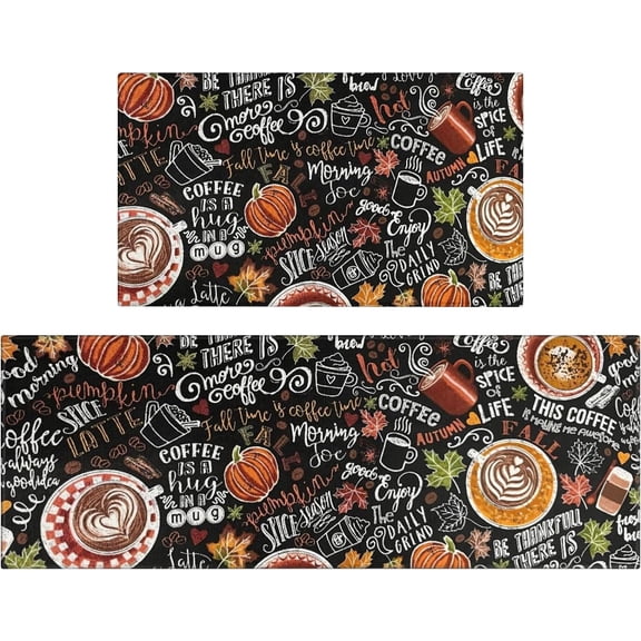Fall Thanksgiving Pumpkin Kitchen Rugs Set of 2,Pumpkin Spice Coffee Farmhouse Floor Mats and Rugs Non Skid Washable for Autumn Kitchen Home Decor (17"x47" 17"x30")