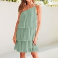thumbnail image 2 of Femmes Été une Épaule en Mousseline de Soie Mini Robe Casual Volant Plissé Étagé Flowy Robes Courtes, 2 of 7